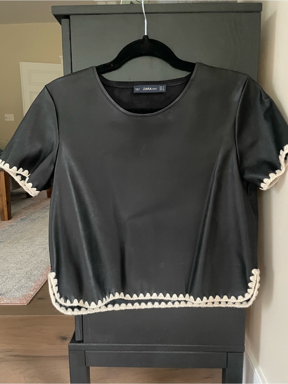 Zara Black Short-Sleeve Faux Leather Top with Cream Knit Trim, small